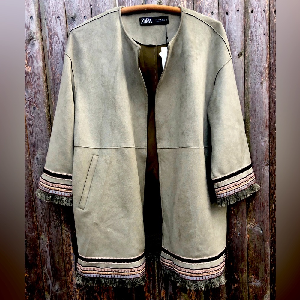 Zara New NWT Green ultra suede jacket with embroidered and fringed trim - size M
